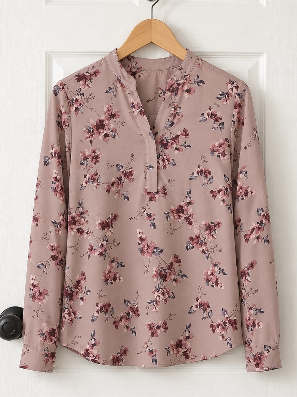 Mauve Pink Floral V-Neck Long Sleeve Blouse Sz XS
